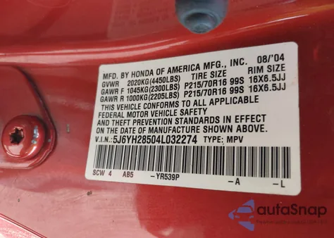 2004 Honda Element Ex from USA, damaged, VIN 5J6YH28504L032274